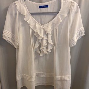 After All Sheer Ivory Short Sleeve Ruffle Front Blouse